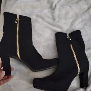 Stuart Weitzman Black Heeled Boots with Gold Zipper